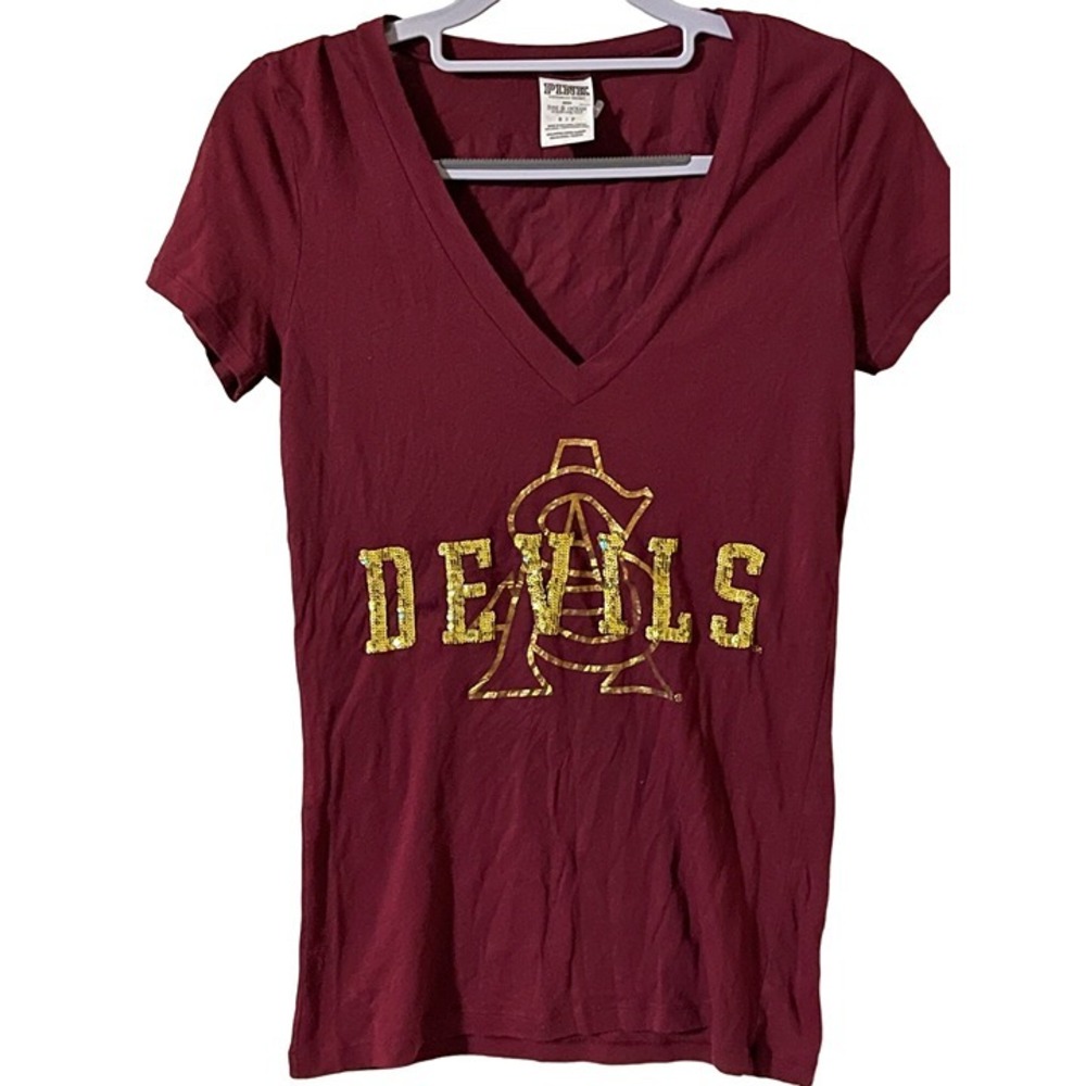 PINK with 5th and Ocean Sun Devil Collab tee size SMALL maroon gold glitter AZ
